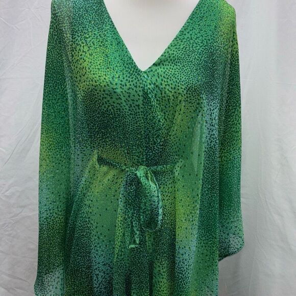 NWT Halston kelly green keg dress tie front Sz 4 sheer caftan - Picture 2 of 8